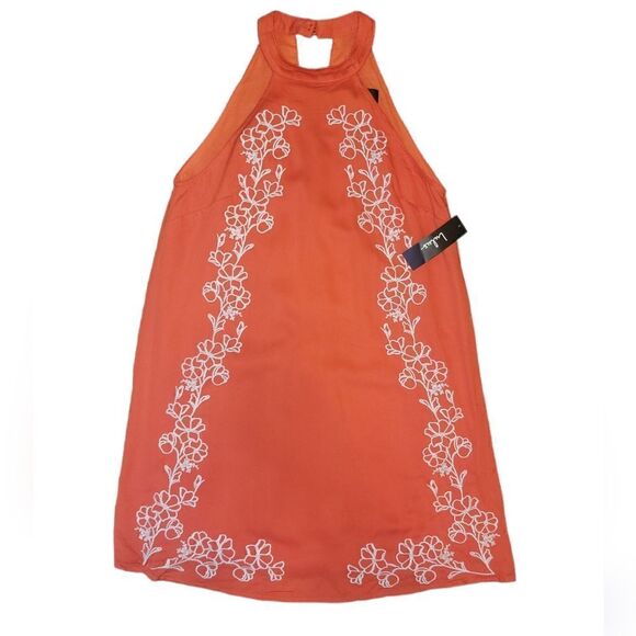 NWT Lulus Fabiola Coral Orange Embroidered Halter Shift Dress S - Picture 4 of 14